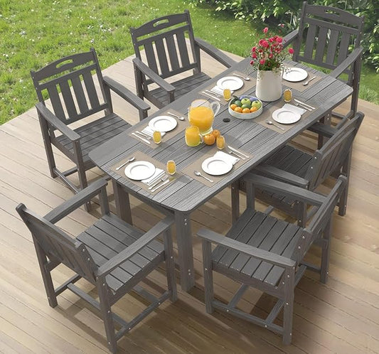 Ciokea HDPE Outdoor Dining Set 7-Piece Patio Table and Chairs with Umbrella Hole, All-Weather Patio Dining Set for 6, Durable Patio Furniture Set for Backyard, Garden, Lawn & Poolside, Grey