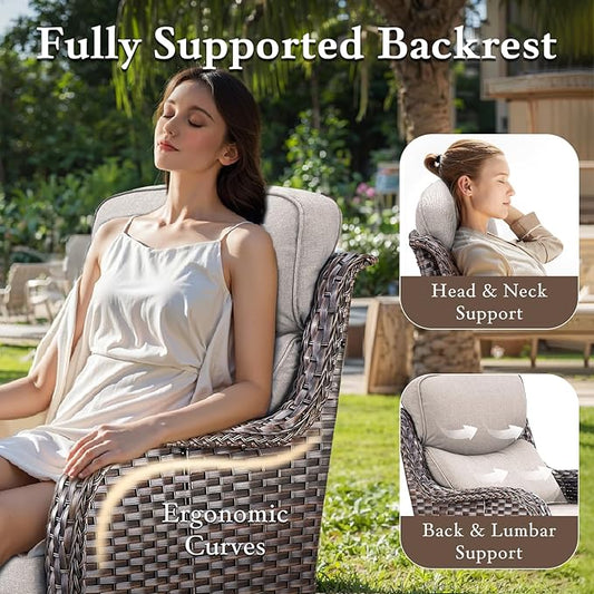 Luxury High Back Outdoor Furniture with 6-inch Extra Thick Cushions, Patio Furniture Set with Fire Pit Table & Swivel Chairs, 9 PCS Wicker Conversation Set for Yard, Deck, Poolside, Brown/Beige