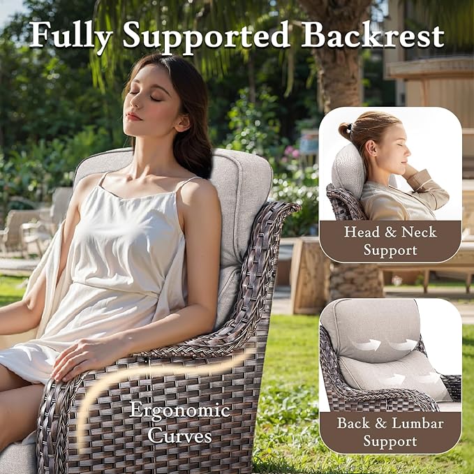 Luxury High Back Outdoor Furniture with 6-inch Extra Thick Cushions, Patio Furniture Set with Swivel Chairs, 10 PCS Wicker Conversation Set for Yard, Deck, Poolside, Brown/Beige