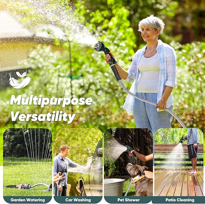 Garden Hose with 10-Function Nozzle, Leak-proof Metal Connector Hose, No Knots, Kink-Free, Lighter, Anti-Pets, Wear-Resistant, 3/4 GHT, Water Hose for Garden, Yard, Outdoor（75 FT）