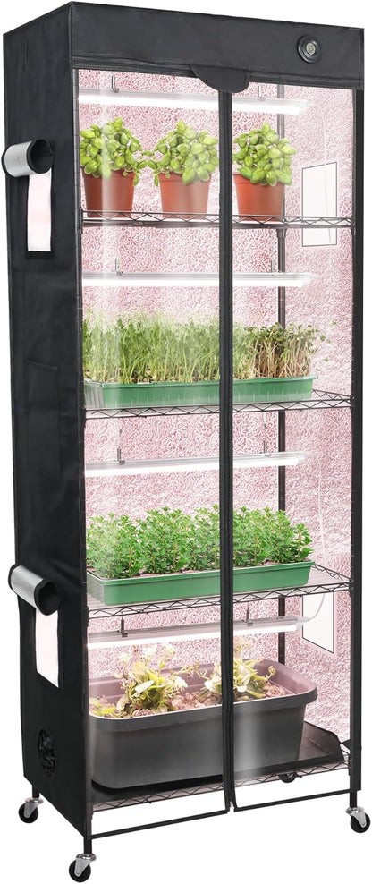 WORTH Mini Greenhouse with LED Grow Lights & Digital Thermo-Hygrometer – Portable Indoor Plant Grow Tent with Oxford Fabric Cover, Adjustable Shelves, Casters & Ventilation Flaps for Seed Starting