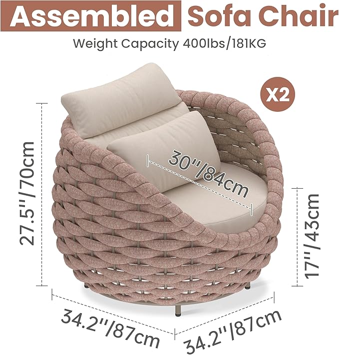 2 PCS Outdoor Accent Chair: Aluminum Woven Rope Patio Chair Modern - Cushioned Single Chair Assembled - All Weather Deck Furniture for 400lbs Porch Lanai Yard Balcony Garden Hotel, Terracotta