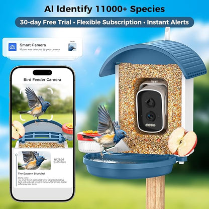 Bird Feeder with Camera, Smart Birdfeeder with Solar-Powered, 5MP AI Identify Birds 11000, Night Vision, Auto Record Video,Instant Notifications, Bird Feeders for Outdoors, Birds Watching Gifts