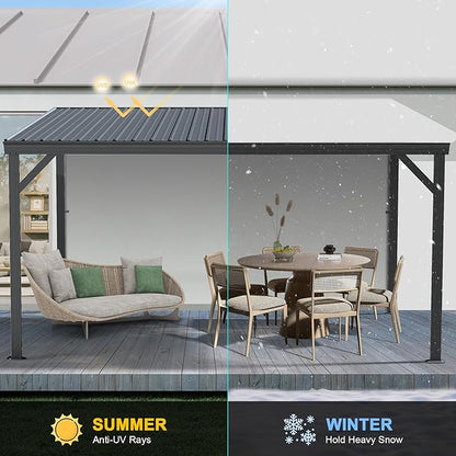 Domi 10’x14’ Lean-to Gazebo, Hardtop Wall-Mounted Gazebo Pergola with Sloping Galvanized Steel Roof and Upgraded Drainage System, Outdoor Permanent Metal Shelters for Patio Backyard Deck, Grey