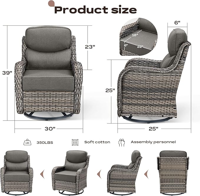 Rilyson Outdoor Patio Swivel Rocker Chairs Set of 2, Waterproof Wicker, High Back, Deep Seating, Wide Armrest, Upgraded 6 inch Thick Cushions, Side Table, Ideal for Deck Porch Yard, Mixed Grey-Grey