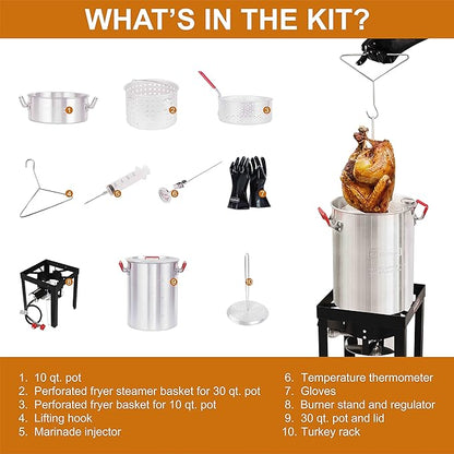 Creole Feast TFK-TG-3001 30 Qt. Turkey Fryer Boiler Steamer Kit with 10 Qt. Fish Fryer Pot & Gloves, Outdoor Turkey Fryer Pot with Basket and Burner, 50,000 BTUs, Silver & Black