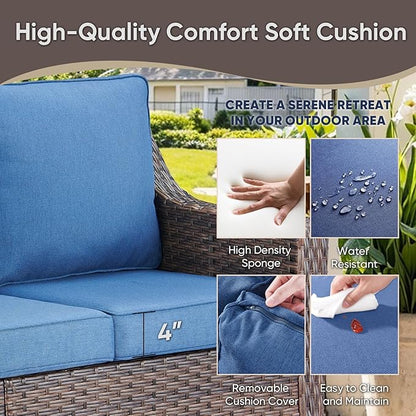 Patio Furniture Set-7 Pieces Outdoor All-Weather Wicker Conversation Set Outdoor Rattan Sofa Couch with Patio Chairs Ottomans for Porch Garden Backyard Poolside-Brown/Blue