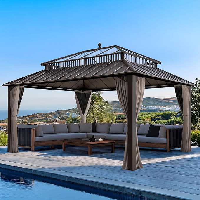 SUNJOY Kingston 16' x 12' Hardtop Gazebo with Galvanized Steel/Polycarbonate Double Roof, Curtain and Netting, Brown Aluminum Posts Permanent Pavilion Gazebo for Garden, Patio, Deck, Lawn