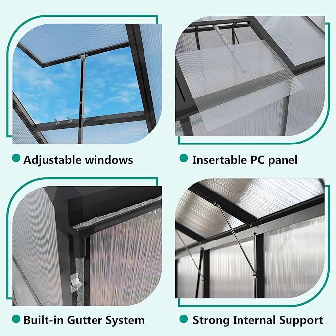 10*12*8.7FT Greenhouse for Outdoors,Polycarbonate Greenhouse with Stronger Wind Protection and Roof Vent,Walk-in Large Aluminum Sunroom Winter Proof,Black
