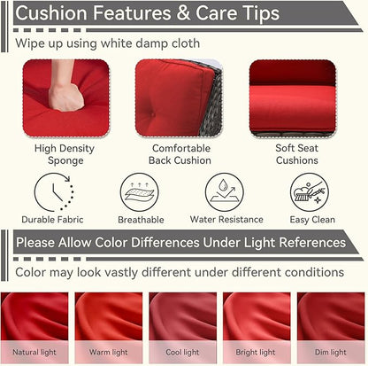 3 Pieces Outdoor Patio Chairs Set - Wicker Patio Conversation Sets with 1 Side Table, Olefin Fabric Cushions Suitable for Backyard Deck and Porch,Red