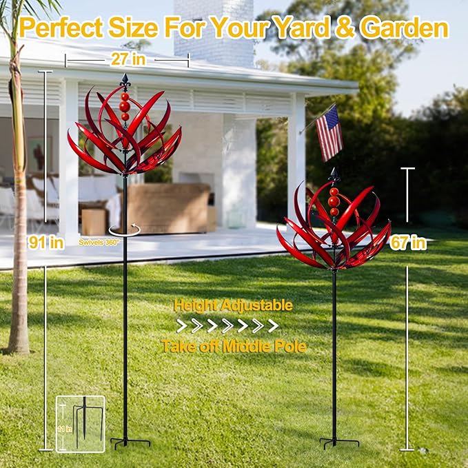 LimeHill Wind Spinner for Garden and Yard - Large Metal Kinetic Wind Sculptures for Outdoor Decor (91 Inches, Burgundy Lotus)