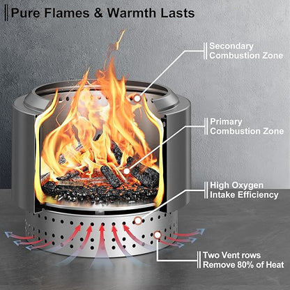 20 Inch Smokeless Fire Pit with Removable Ash Pan, Fire Pits for Outside Wood Burning, Portable Bonfire Outdoor Firepit, Waterproof Bag & Poker Included, Stainless Steel, Camping Backyard