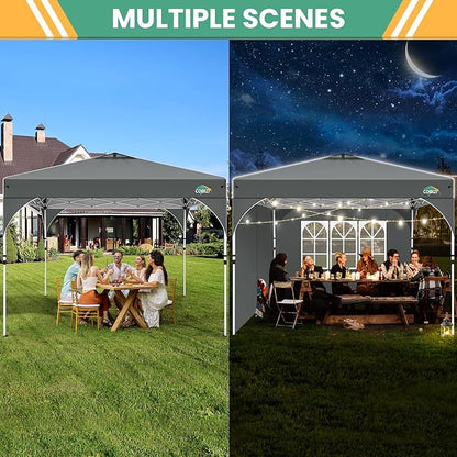 COBIZI 10x10 Pop up Canopy, Canopy Tent 10x10 with 3 Sidewalls, 1 Person Easy Set up, Tents for Parties, Outdoor Tent with Fluorescent Strip & 4 Sandbags, Waterproof, 3 Adjustable Height (Gray)