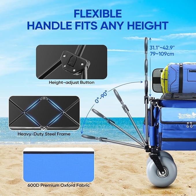 Beach Wagon with Big Wheels for Sand, 9" All-Terrain Balloon Wheels, Heavy Duty Folding Beach Cart 450lb Load, 260L Large Capacity Utility Wagon for Outdoor Sports (Dark Blue)