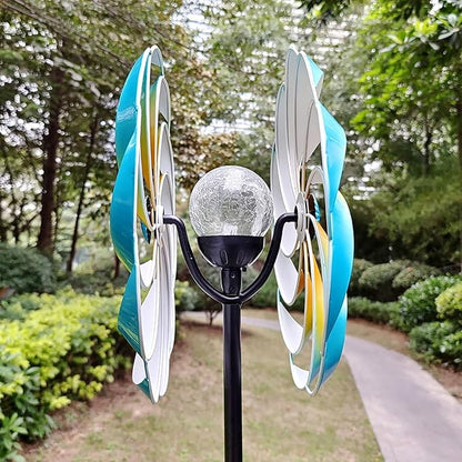 Solar Metal Wind Spinner, Multi-Color Led Lighting Solar Powered Glass Ball Dual Direction for Outdoor Patio Lawn & Garden,Blue(13" W x 75" H)