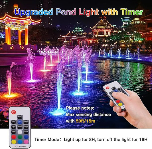 POPOSOAP RGB Underwater Pond Lights with Timer, 20 Colors Dimmable Submersible Led Fountain Lights with IP68 Waterproof, Support Remote Control for Outdoor Ponds Aquarium Garden Pool (6 Headlamps)