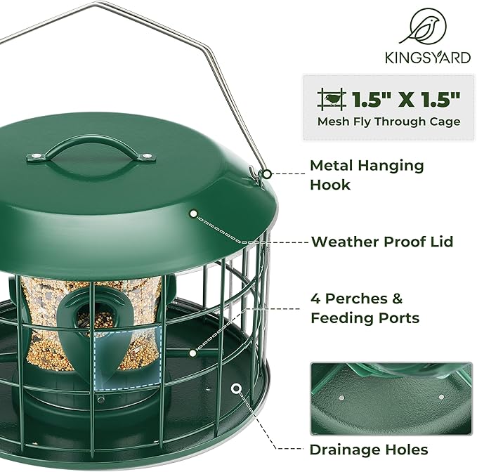Kingsyard Mesh Caged Bird Feeders for Outdoor Hanging, Tube Squirrel Proof Bird Feeders with Seed Tray for Small Birds Finches Bluebird, Rain Proof Covered, 4 Feeding Ports, Green