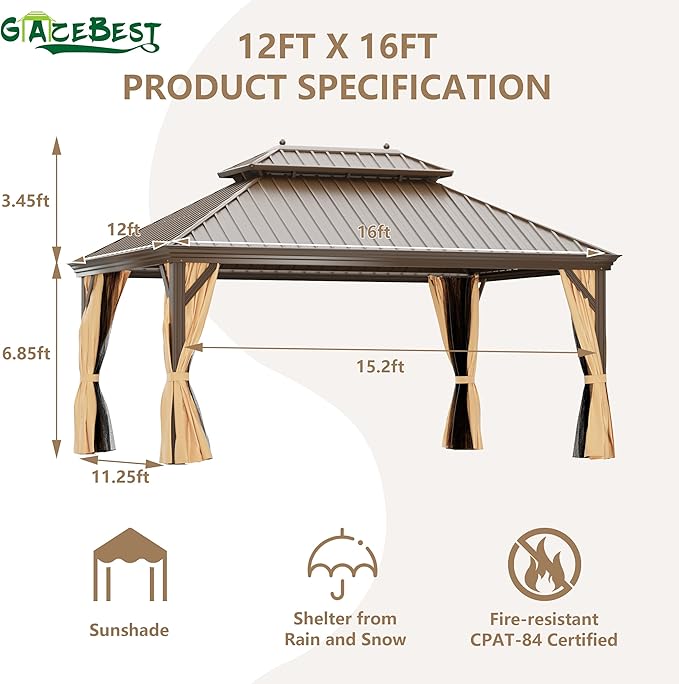 12' X 16' Hardtop Gazebo, Outdoor Galvanized Steel Double Roof Permanent Aluminum Frame Pavilion Pergola Canopy with Privacy Curtains for Garden, Patio, Backyard, Deck and Lawns.