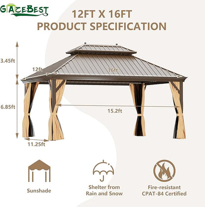 12'x16' Hardtop Gazebo, Outdoor Aluminum Patio Gazebo Double Roof Galvanized Steel Canopy with Netting and Curtains,for Garden, Patio, Backyard, Deck and Lawns.