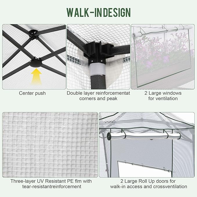 11 x 8.5 FT Walk-in Greenhouse, Portable Pop-up Green House 3 Adjustable Hights Heavy Duty Plant Gardening Canopy with Durable PE Cover for Indoor Outdoor (Clear and White)