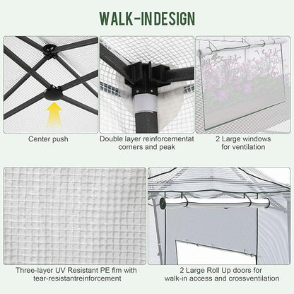 11 x 8.5 FT Walk-in Greenhouse, Portable Pop-up Green House 3 Adjustable Hights Heavy Duty Plant Gardening Canopy with Durable PE Cover for Indoor Outdoor (Clear and White)