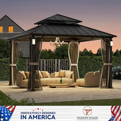 Modern Shade The Horizon Hardtop Gazebo 12' x 12' with 4 LED Lights, Permanent Outdoor Gazebo with Galvanized Steel Double Roof, Grill Pavilion with Decor Hooks, Mosquito Nettings, Black