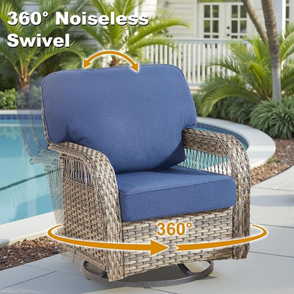 Patio Furniture Sets, 6 Pieces Wicker Outdoor Furniture with Patio Sidetables - 360 Degree Swivel Rocking Chairs and Rattan Side Table for Garden, Porch, Backyard, Blue/Gray Wicker