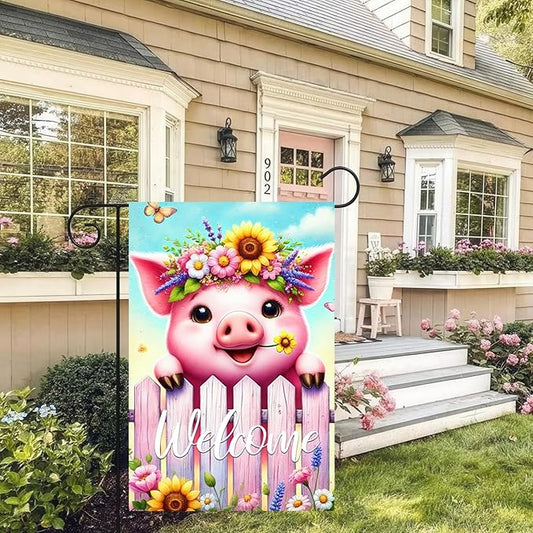 Spring Welcome Garden Flag 12x18 Inches Double Sided Cute Pig Yard Flags Colorful Floral Butterfly Sunflower Crown Fence for Outside Decor Home Farmhouse Holiday Summer Decorations