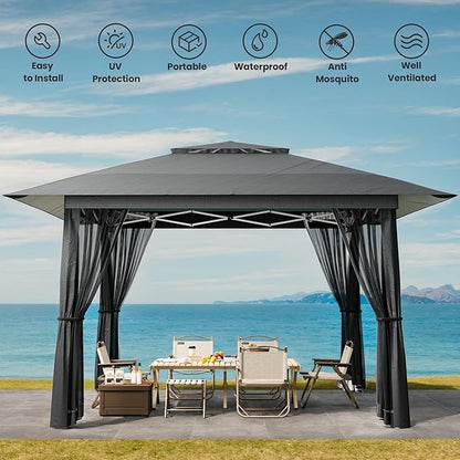 Bealife 13x13 Pop Up Gazebo Tent with Mosquito Netting, Outoor Canopy Tent with 4 Sandbags, 8 Stakes, 4 Ropes, Roller Bag, Pop Up Canopy for Lawn Backyard Garden Deck (Grey, 13x13)