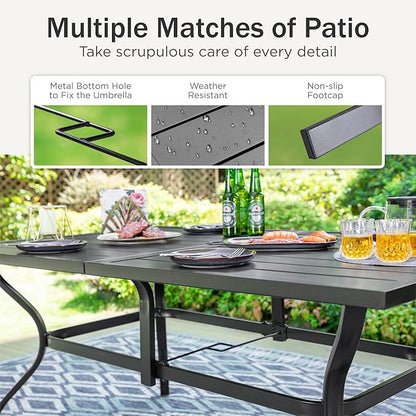 PHI VILLA 7 Piece Patio Dining Set for 6, Outdoor Slatted Metal Dining Table with Umbrella Hole & Cushioned Wicker Chairs for Patio, Deck, Yard, Porch