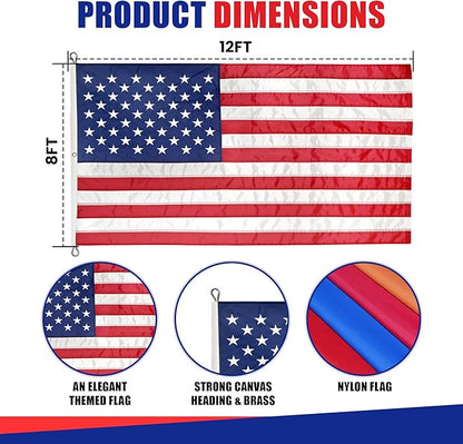 Super Tough 8ft x 12ft Nylon American Flag | Embroidered Stars and Sewn Stripes | Brass Grommets | Heavy-Duty Outdoor Flag | Fade Resistant American Flag Made in USA | All Weather Nylon