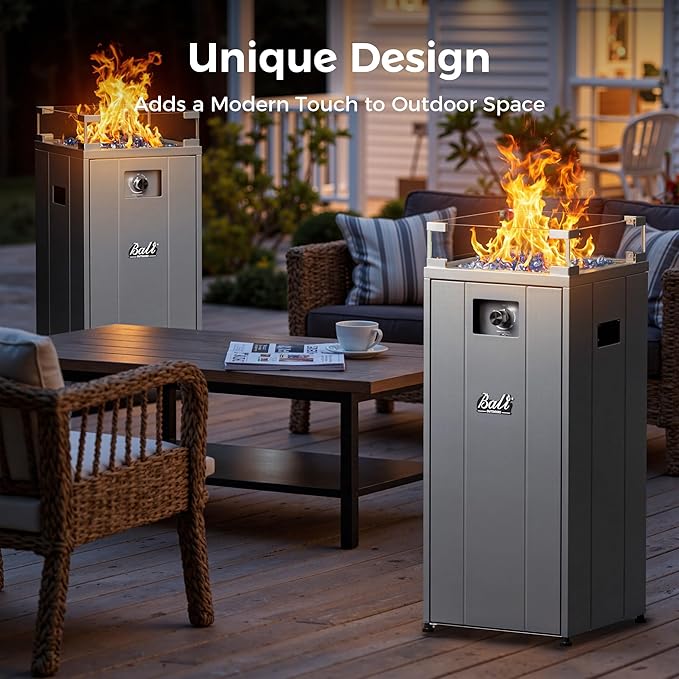 BALI OUTDOORS 15 inch Gas Fire Pit, Outside Propane Firebowl with Glass Wind Guard, Patio Square Fireplace with Fire Glass Stone for Backyard, Garden and Terrace