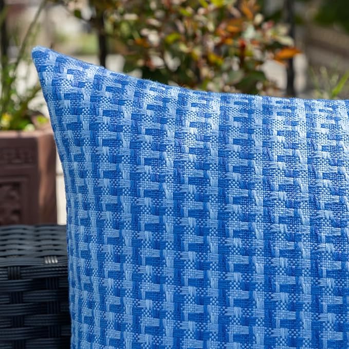 Kevin Textile Outdoor Waterproof Throw Pillow Covers Pack of 2 Weaving Texture Water Resistant Outside Decorative Cushion Covers for Garden Patio Tent Balcony Bench Couch Sofa 16x16 Inch, Blue