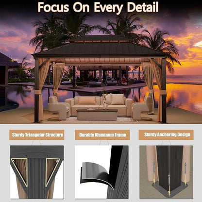 10'x14' Hardtop Gazebo, Outdoor Aluminum Patio Gazebo Double Roof Galvanized Steel Canopy with Netting and Curtains,for Garden, Patio, Backyard, Deck and Lawns.