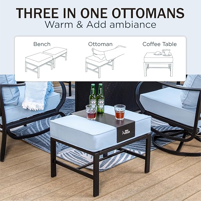 PHI VILLA 6 Piece Patio Furniture Sets with 1 x 3-Seat Deep Seating Bench, 2 x Cushioned Swivel Sofa Chairs, 1 x Coffee Table & 2 Ottoman, Outdoor Metal Conversation Set for Lawn Garden, Light Blue