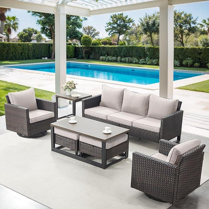 7 Piece Wicker Patio Furniture Set - Outdoor Swivel Rocker Chairs Set with Coffee Table, Side Table, 3 Seat Sofa & Ottomans, Small Patio Conversation Sets for Balcony Deck - Brown/Beige