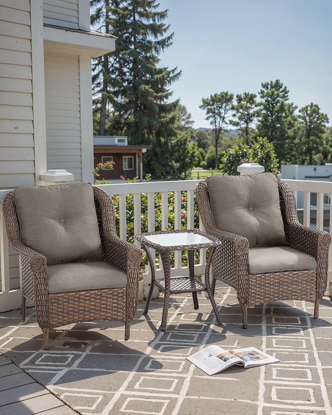 Patio Wicker Chairs Outdoor Furniture Chair - Set of 2 Outside All Weather Lawn Dining Brown Rattan Armchair with High Back&Deep Seating for Deck Porch Balcony Backyard Garden - Grey