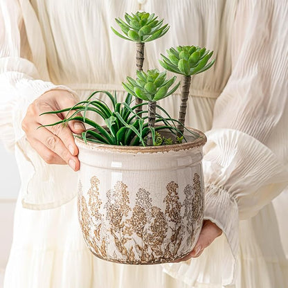 Set of 2 Ceramic Planters for Indoor Plants, 4.7+5.7 Inch Vintage Flower Pots without Drainage Hole, Rustic Brown Planter Set, Decorative Plant Pots for Indoor Plants, Home Decor, Living Room, Office