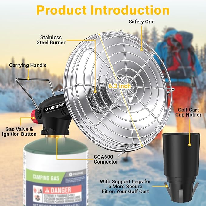 Golf Cart Heater,9200BTU Outdoor Portable Propane Camping Heater with Golf Cart Cup Holder & Self Ignition for EZGO Yamaha Club Car,Most Golf Cart - Fuel Cylinder not included