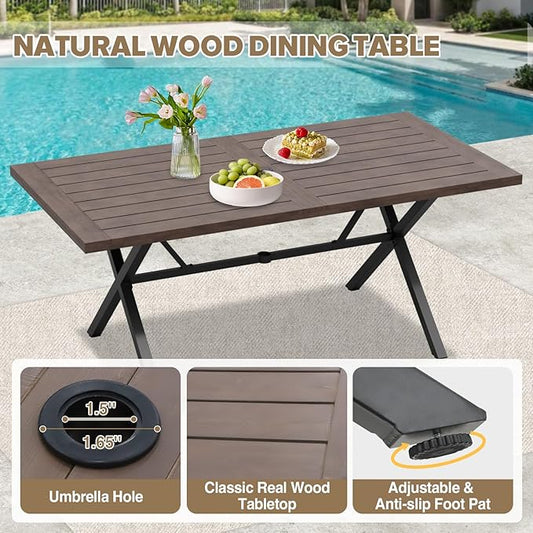 COOS BAY Echo Vibe Outdoor Dining Table with Umbrella Hole, Natural Wood Patio Dining Table for 6, Patio Furniture Set, Brown