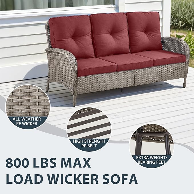 5 Piece Patio Furniture Set - Wicker Patio Conversation Set with Swivel Glider, 3 Seat Sofa, Tempered Glass Side Table and Coffee Table for Deck Backyard - Grey Wicker Red Cushion