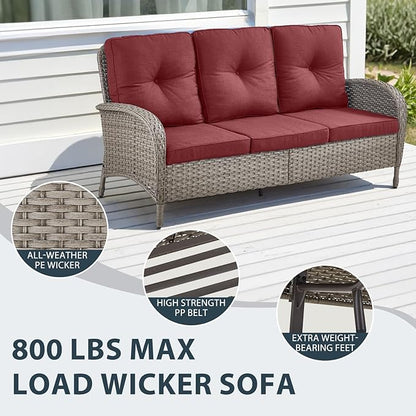 5 Piece Patio Furniture Set - Wicker Patio Conversation Set with Swivel Glider, 3 Seat Sofa, Tempered Glass Side Table and Coffee Table for Deck Backyard - Grey Wicker Red Cushion