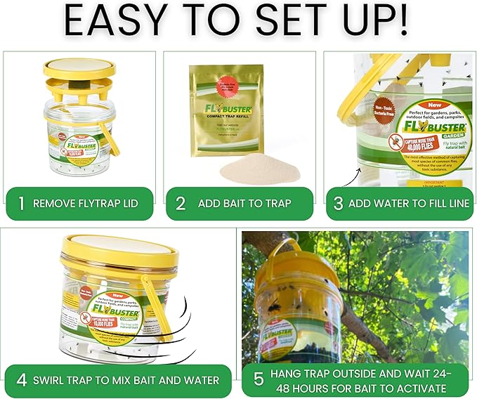 Flybuster Fly Trap | Outdoor Device for Catching Flies | 1-Liter Compact Size | Comes with One Flytrap and 1 Bait Packet | 10,000 Fly Capacity | Non-Toxic | Child & Pet Safe