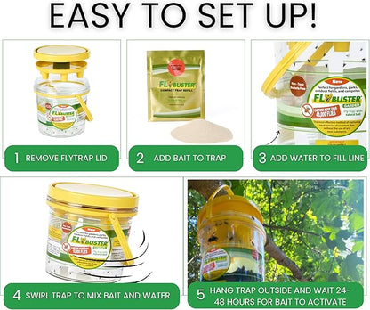 Flybuster Fly Trap | Outdoor Device for Catching Flies | 1-Liter Compact Size | Comes with One Flytrap and 1 Bait Packet | 10,000 Fly Capacity | Non-Toxic | Child & Pet Safe