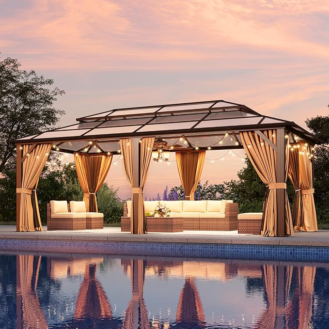 Aoxun Hardtop Gazebo, Aluminum Frame Permanent Pavilion with Netting and Curtains, Outdoor Polycarbonate Double Roof Canopy, Designed for Lawn, Garden, Patio (Brown, 12'x20' with Ground Anchor)