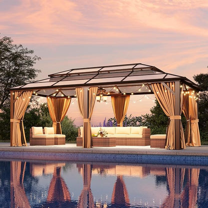 Aoxun 12'x20' Hardtop Gazebo, Aluminum Frame Permanent Pavilion with Netting and Curtains, Outdoor Polycarbonate Double Roof Canopy, Designed for Lawn, Garden, Patio (Brown)