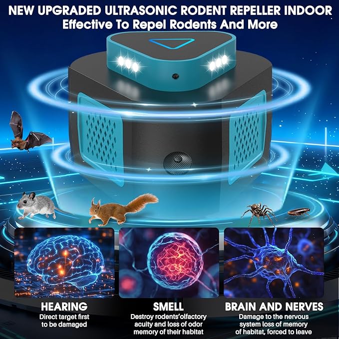 2025 360°Ultrasonic Pest Repellent Plug in,Indoor Pest Control for Rodent Mice Rat Spider Ant Bug Squirrel Bats Roach,4 Mode Switching Mouse Repellent Device for Basement House Garage Kitchen(1pcak)