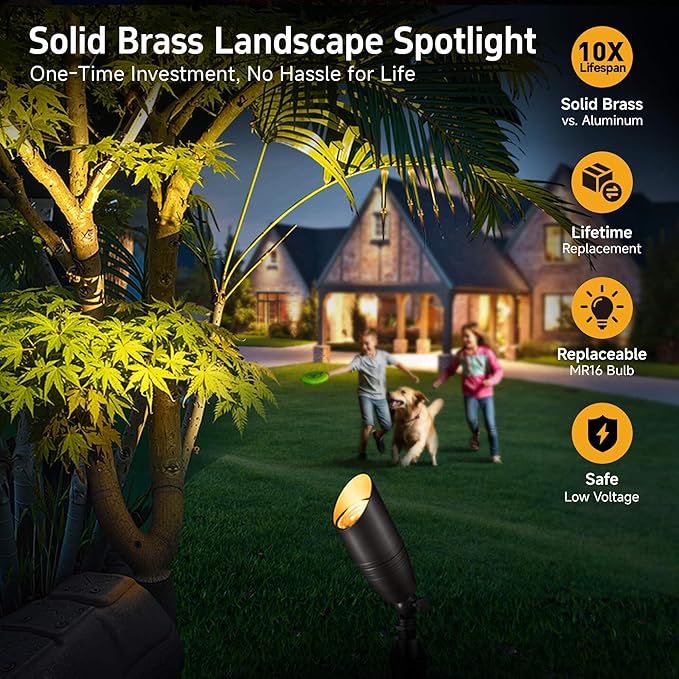 Gardenreet Die-Cast Brass Spot Light Outdoor - 12V LED Uplighting Waterproof, Low Voltage Landscape Lights Direct Wire, Bronze for Fence Fountain with Daytime White MR16 Replaceable Bulbs (12 Pack)