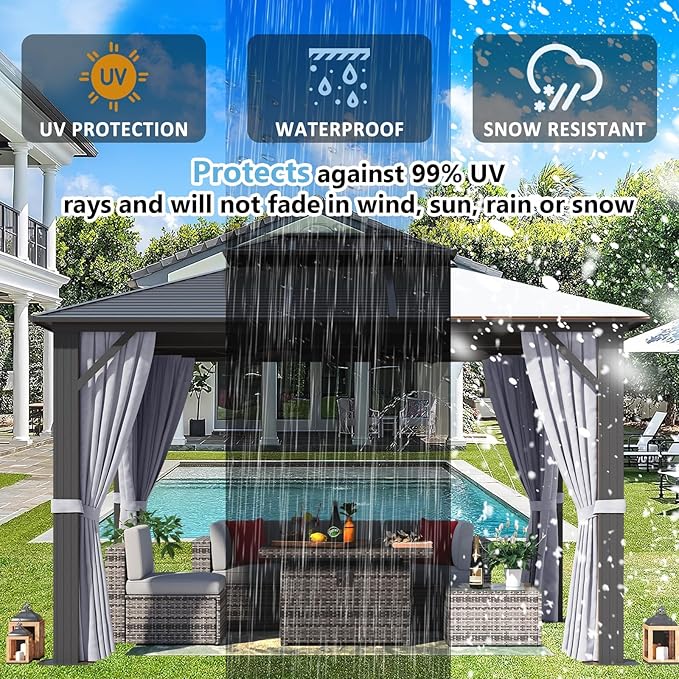 Aoxun 10Ft X 12Ft Hardtop Gazebo, Aluminum Metal Outdoor Gazebo with Breathable Netting and Curtains, Galvanized Steel Horizontal Double Top, Permanent Patio Pavilion for Dining, Wedding, Party
