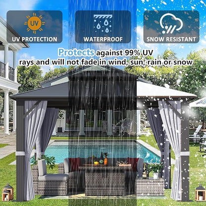 Aoxun 10Ft X 12Ft Hardtop Gazebo, Aluminum Metal Outdoor Gazebo with Breathable Netting and Curtains, Galvanized Steel Horizontal Double Top, Permanent Patio Pavilion for Dining, Wedding, Party
